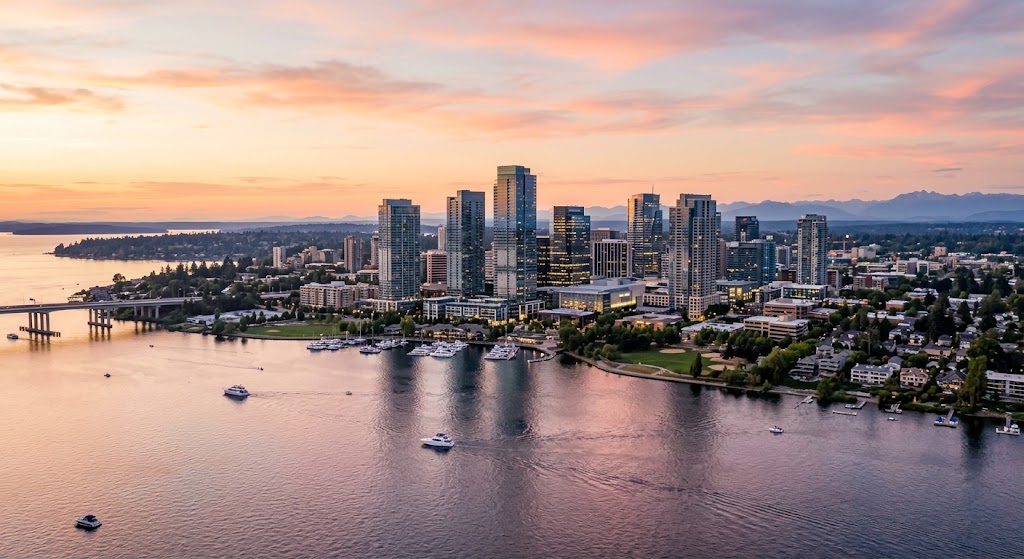 Downtown Bellevue skyline with Lake Washington visible, or a Kirkland waterfront shot.