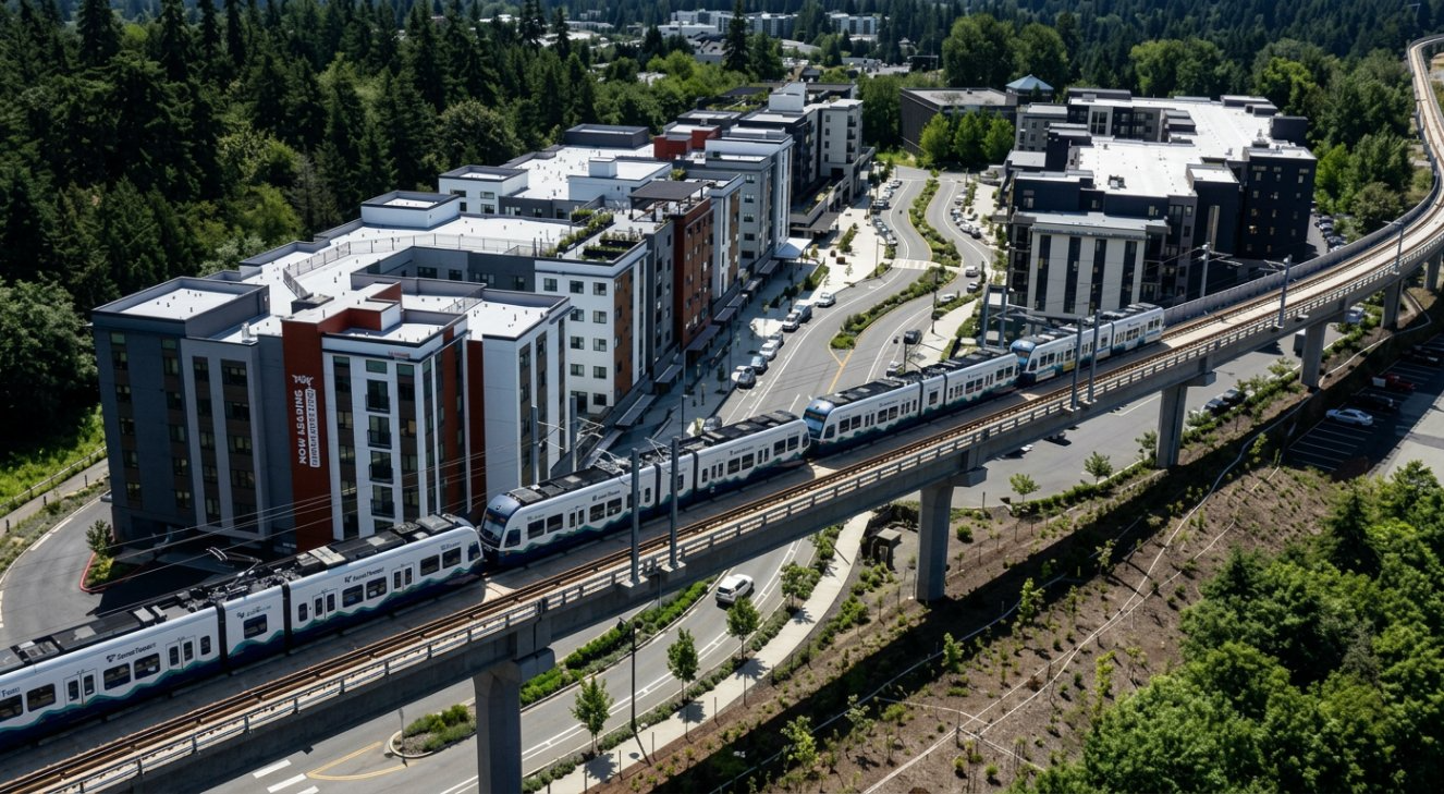 Lynnwood City Center Station light rail with modern buildings and urban city view