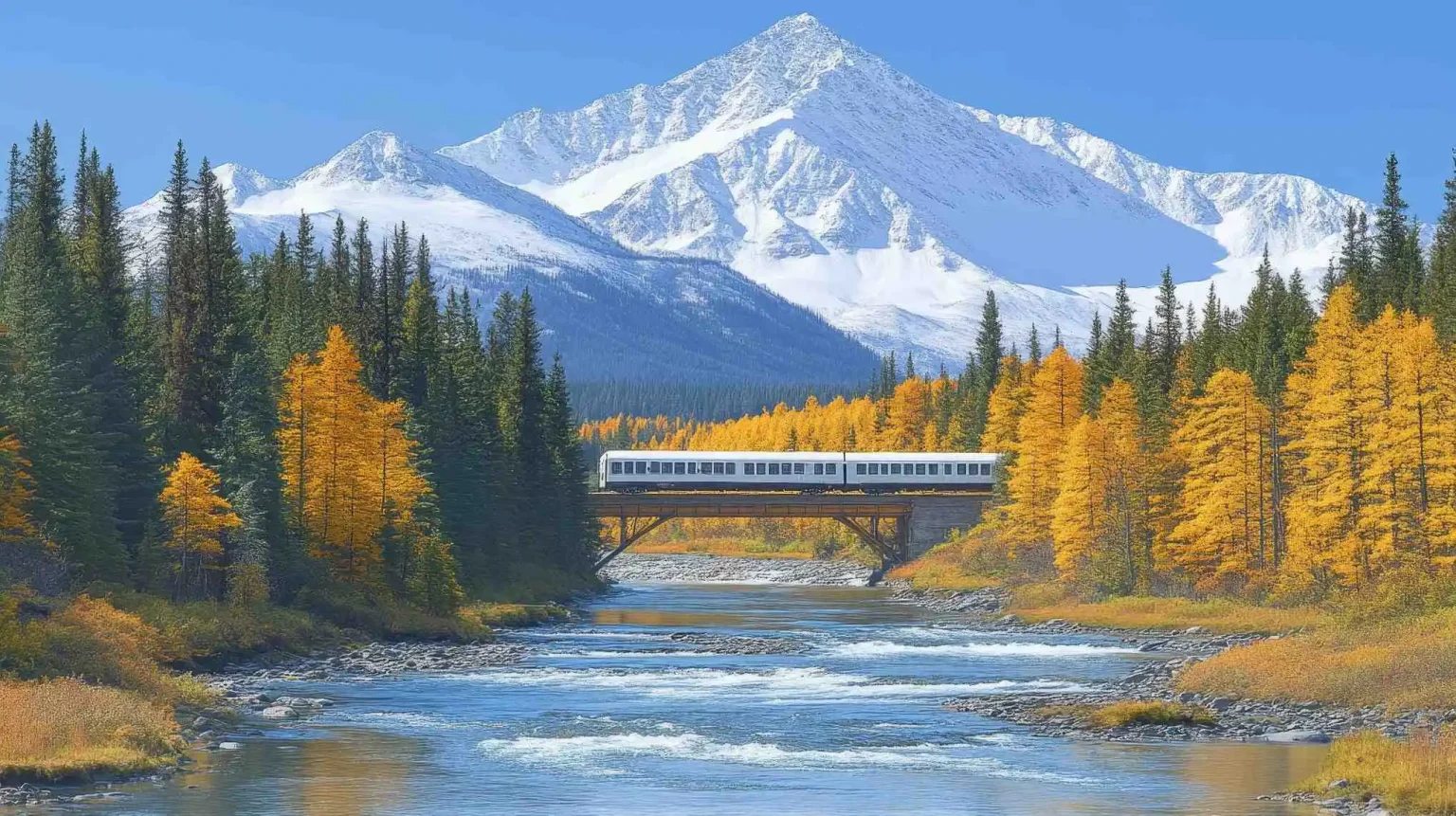 Mountain railway passing through river and autumn forest landscape