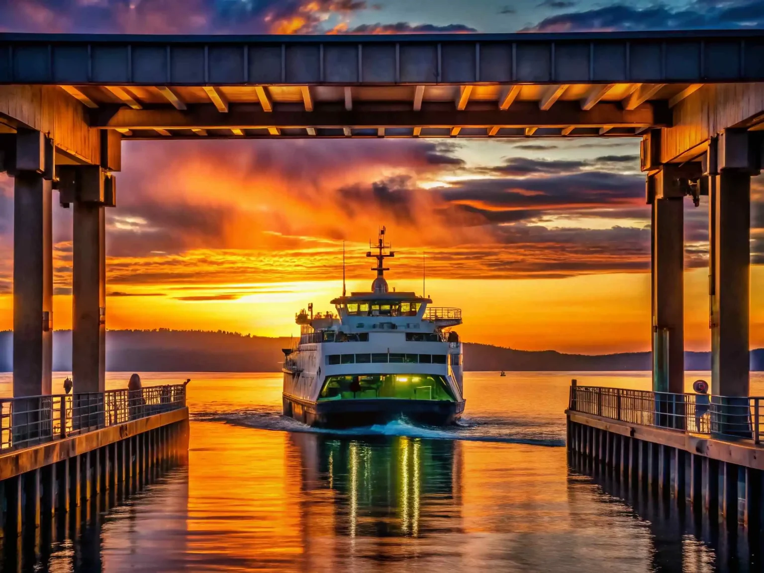 Washington State Ferries ferry arriving at Mukilteo dock at dusk on Puget Sound